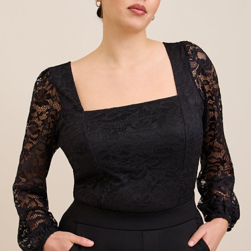 Torrid - Lace Square Neck Long Sleeve Top in Deep Black​​​​​​​​​​
